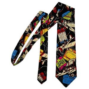 Disney Air Mickey Inc Vintage Tie‎ Necktie Airplane 100% Silk Handmade Black Red